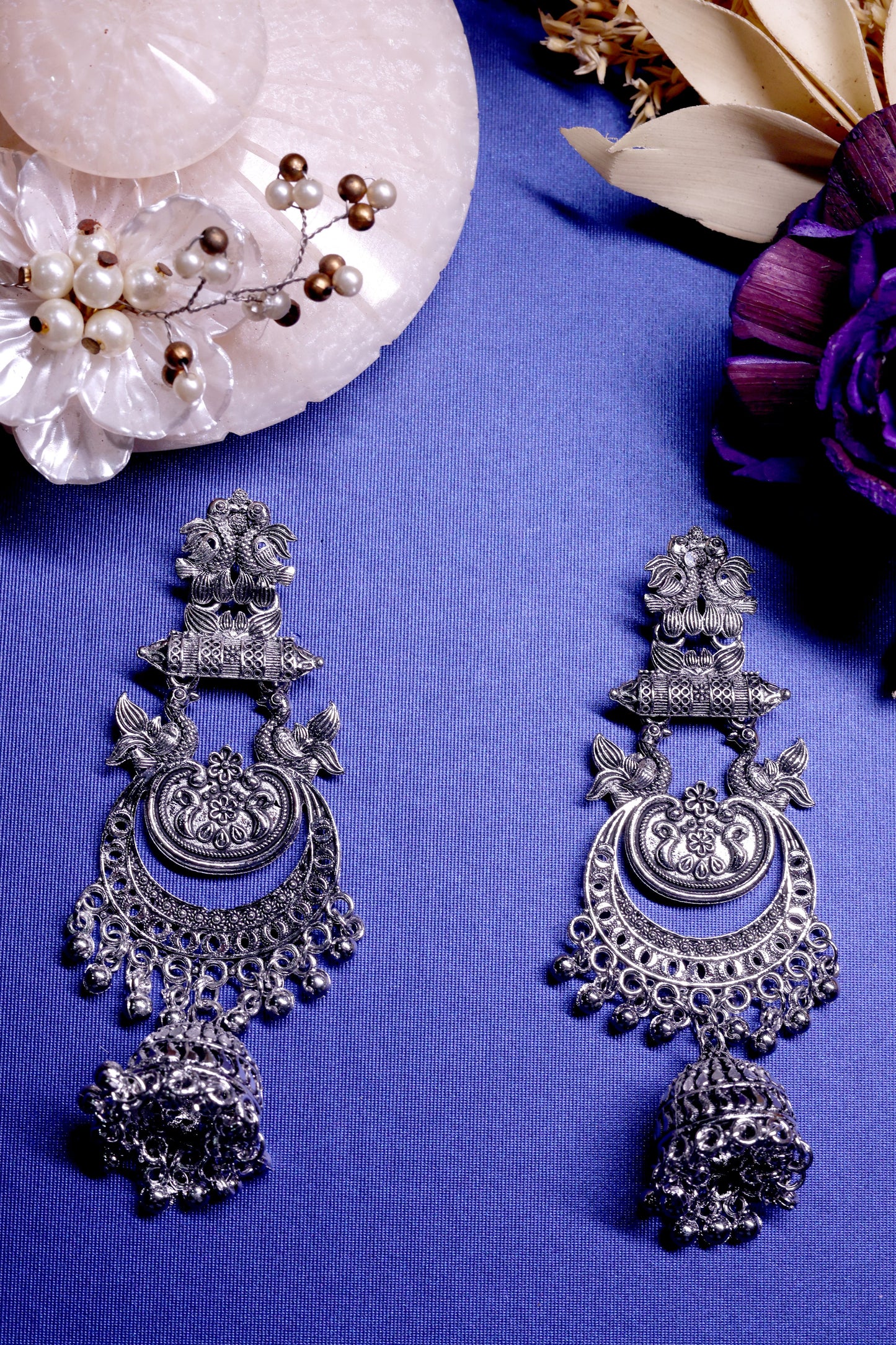 Antique Oxidized Silver Temple Jhumka Earrings