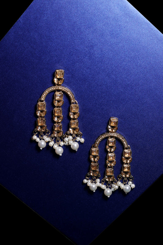 Gold Kundan Chandbali Earrings with Pearl Drops