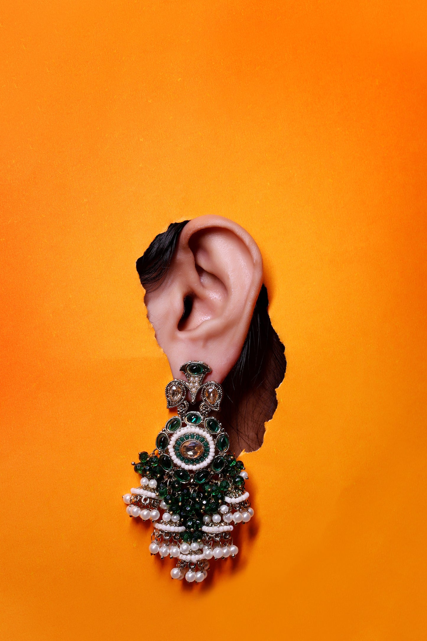 Kundan Chandelier Earrings with Green Stones and Pearls