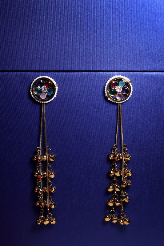 Navratna Stud Earrings with Chain and Golden Ghungroo Drops