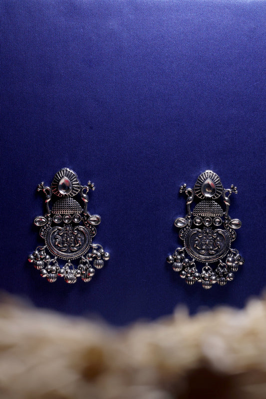 Oxidised Silver Engraved Floral Earrings with Bead Danglers