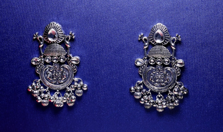 Oxidised Silver Engraved Floral Earrings with Bead Danglers