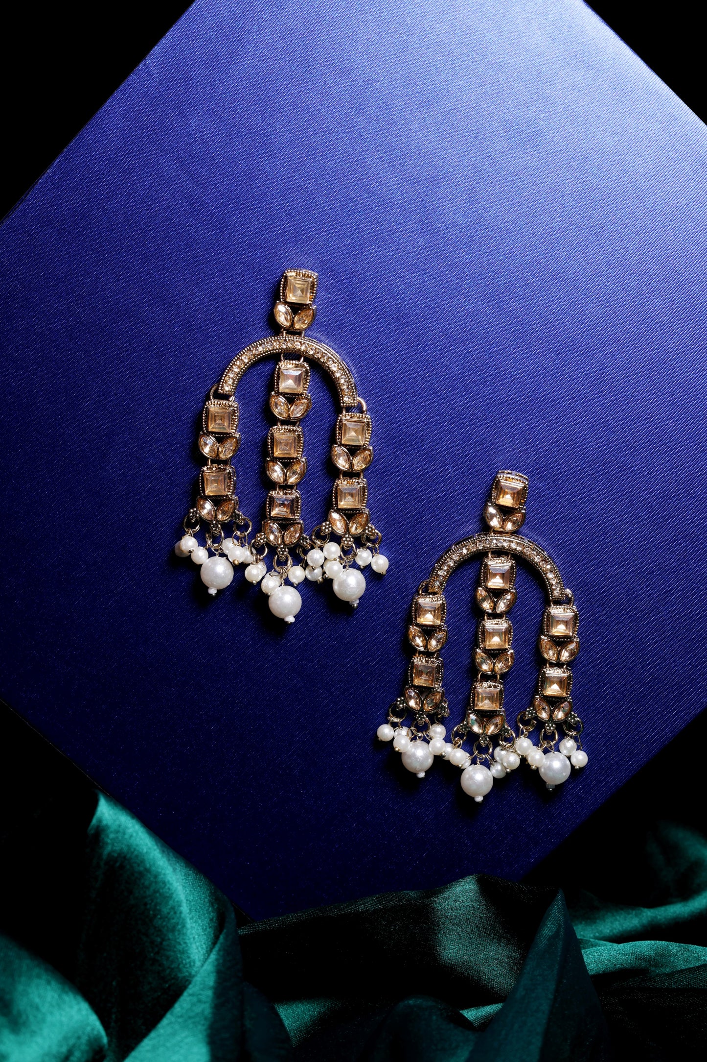 Gold Kundan Chandbali Earrings with Pearl Drops