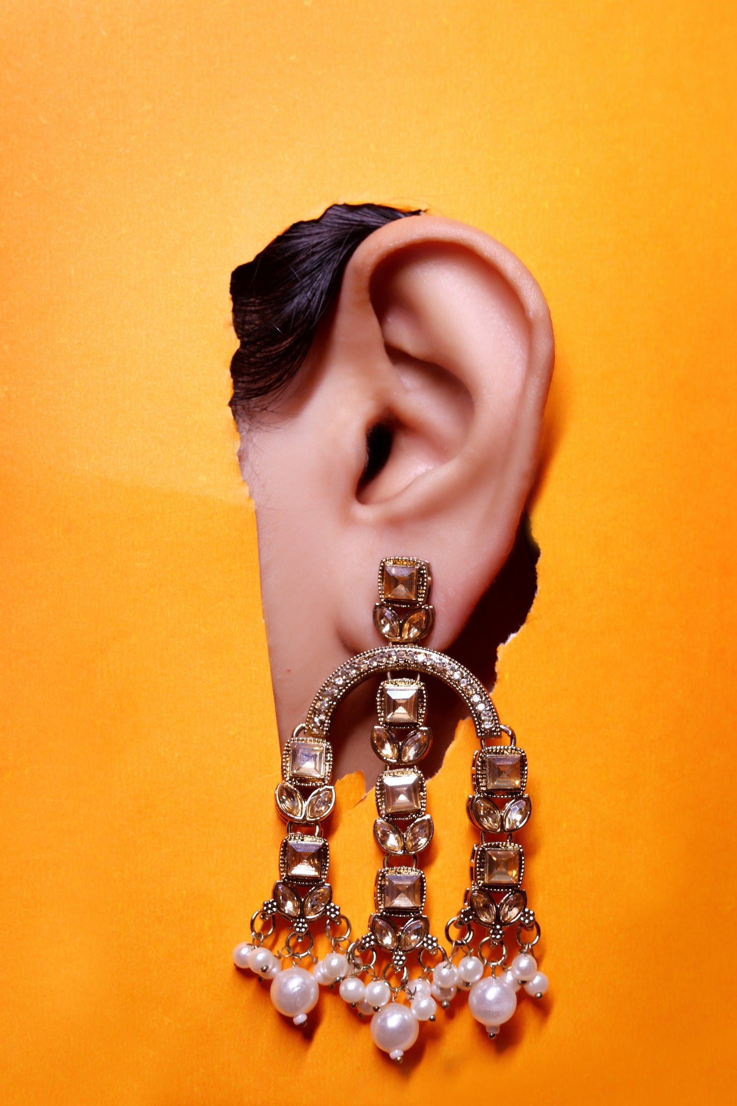 Gold Kundan Chandbali Earrings with Pearl Drops