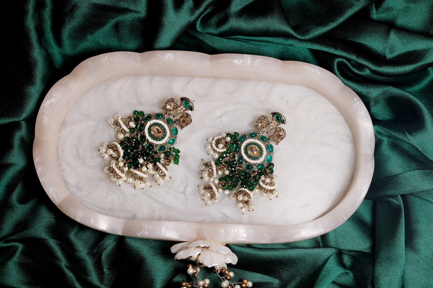 Kundan Chandelier Earrings with Green Stones and Pearls