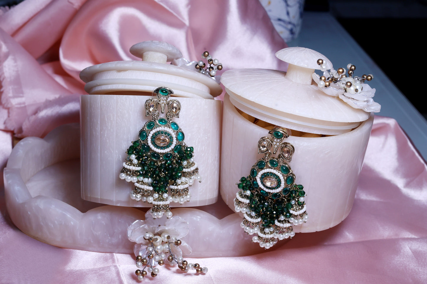 Kundan Chandelier Earrings with Green Stones and Pearls