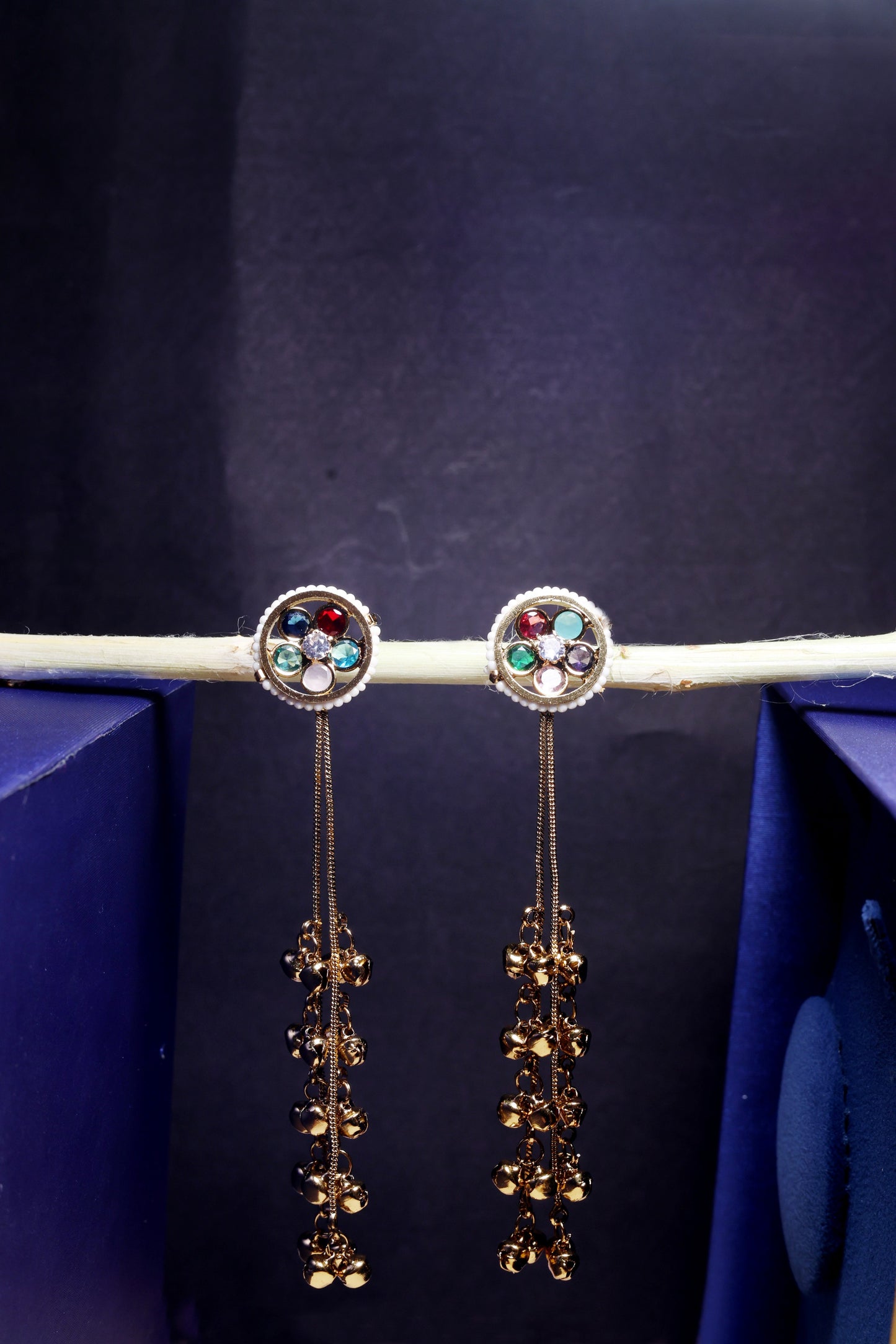 Navratna Stud Earrings with Chain and Golden Ghungroo Drops