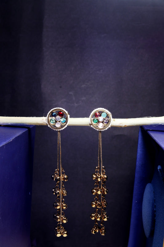 Navratna Stud Earrings with Chain and Golden Ghungroo Drops