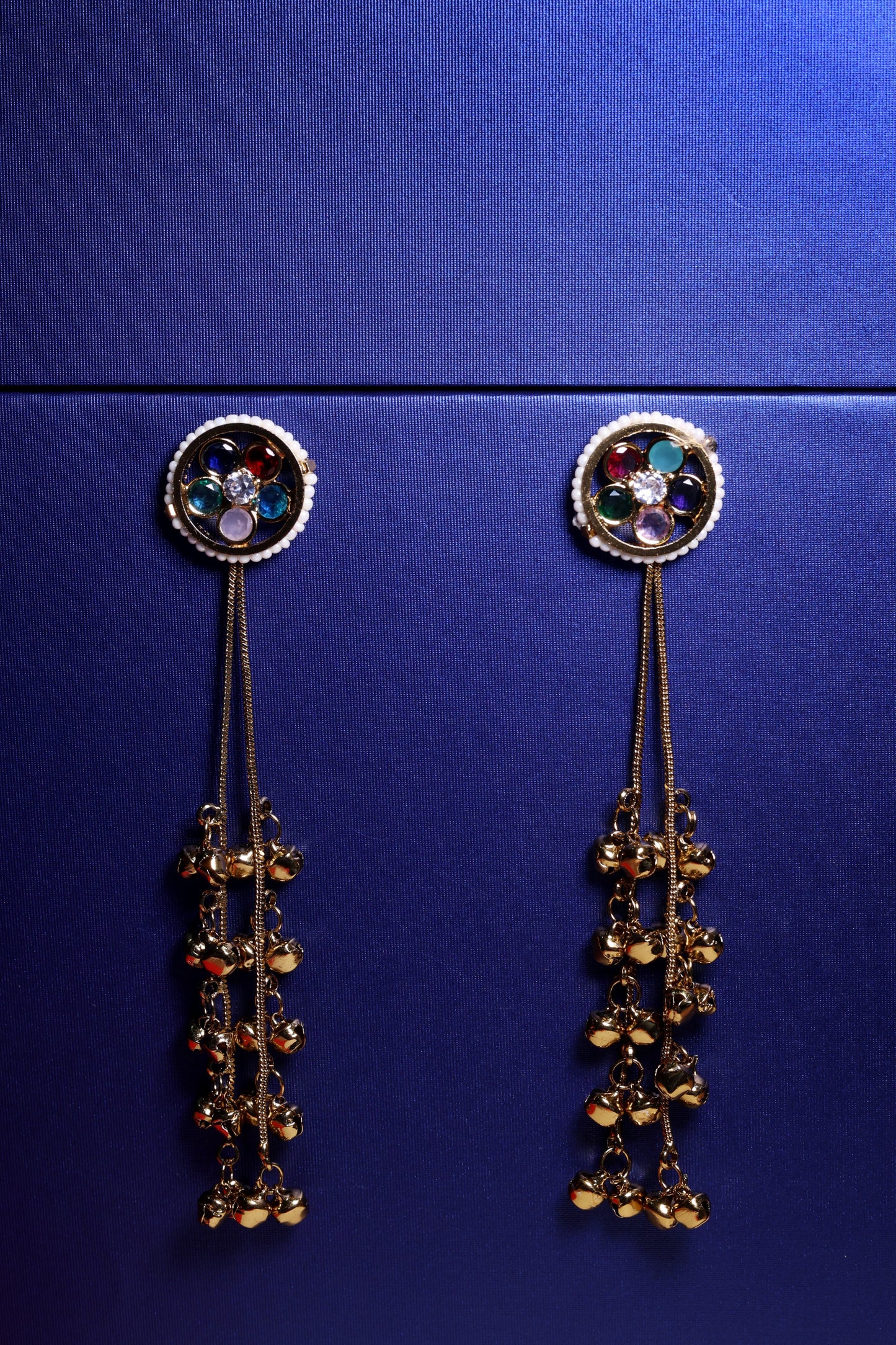 Navratna Stud Earrings with Chain and Golden Ghungroo Drops