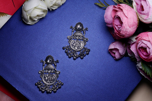 Oxidised Silver Engraved Floral Earrings with Bead Danglers