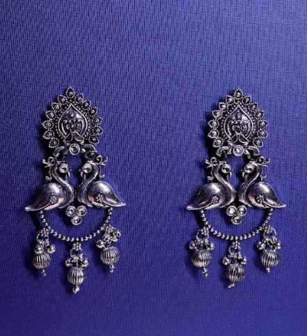 Oxidised Silver Peacock Motif Earrings with Bead Drops