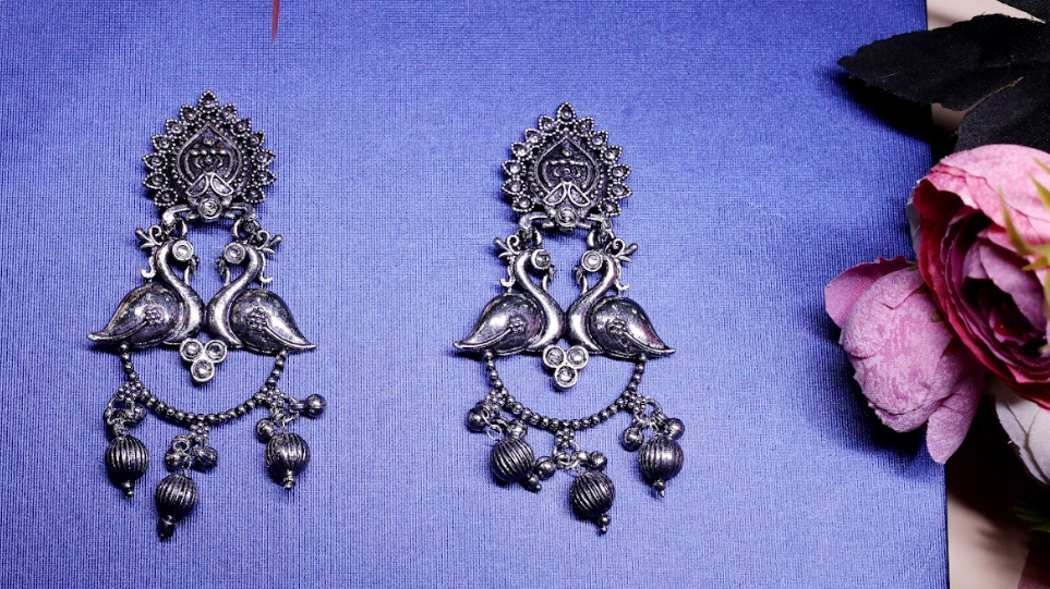Oxidised Silver Peacock Motif Earrings with Bead Drops