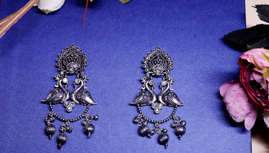 Oxidised Silver Peacock Motif Earrings with Bead Drops